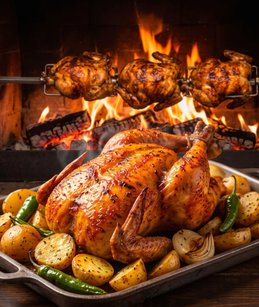 Pollo dorado a la leña servido con papas, cebolla y chile, con más pollos girando sobre el fuego al fondo