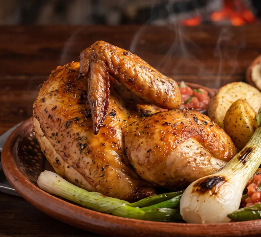 Cuarto de pollo a la leña en plato de barro con papas, cebollín y chile