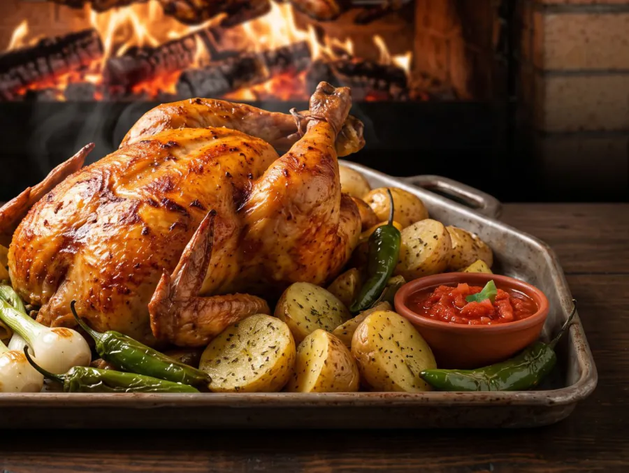 Pollo entero a la leña en charola con papas, cebolla, chile y salsa