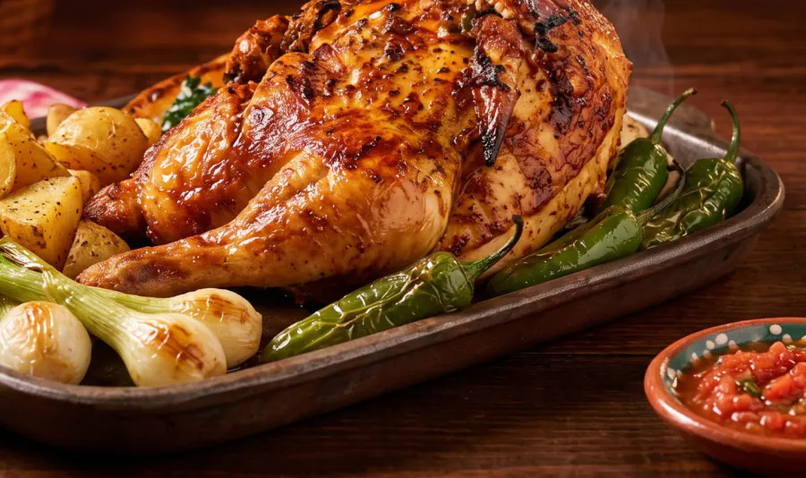 Medio pollo a la leña con papas, cebollín asado y chiles